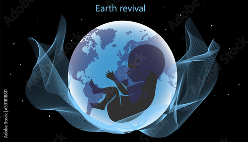 Vector illustration of Earth rebirth after coronavirus. Recovery, love and understanding of humanity. Globe with continents and the fetus (child) in space. Illustration of a future new life.