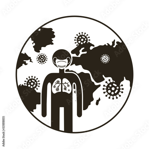 world planet with covid 19 set icons, line style icon vector illustration design