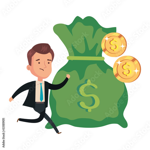 money bag with businessman with coins vector illustration design