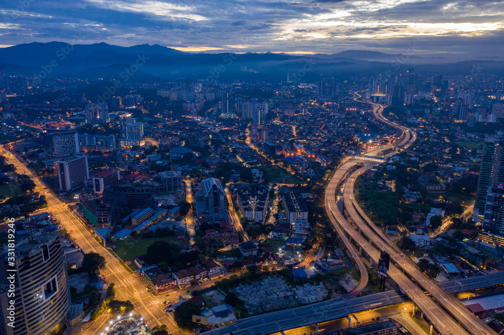 Aerial view of Kuala Lumpur city at dawn, Malaysia