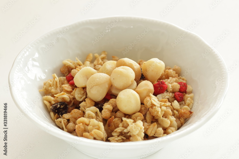 Healthy breakfast, granola celery in blow with copy space Healthy breakfast, granola celery in blow with copy space