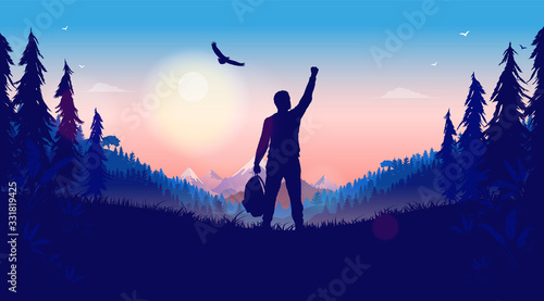 Hiking freedom - Man with raised hand standing in a beautiful landscape. Eagle and sun in the sky, forest and mountains in background. Freedom, travelling and hiking concept. Vector illustration.