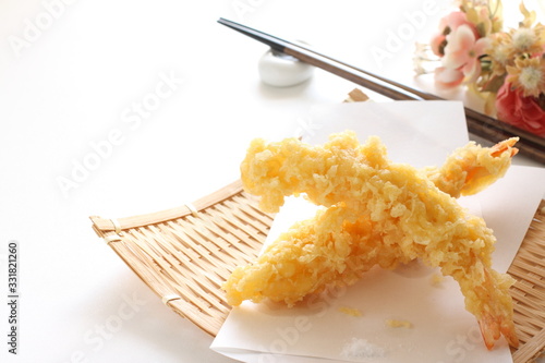 Japanese food, ebi tempura on white background with copy space