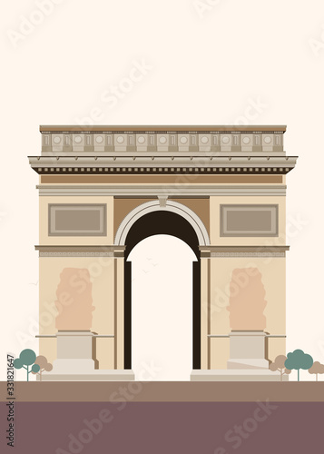 Flat Illustration. Awesome city view on Arc de triomphe, Paris. Enjoy the travel. Around the world. Quality vector poster. France