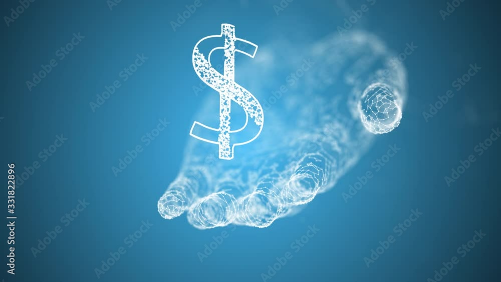 Dollar symbol on human palm turning around over blue background in plexus style. Dollar symbol on human palm turning around over blue background in plexus style.