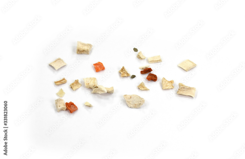 Dry vegetable and spice mix isolated on white background. Dry vegetable and spice mix isolated on white background.