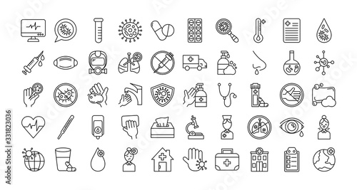 bundle of covid 19 designs, line style icon vector illustration design