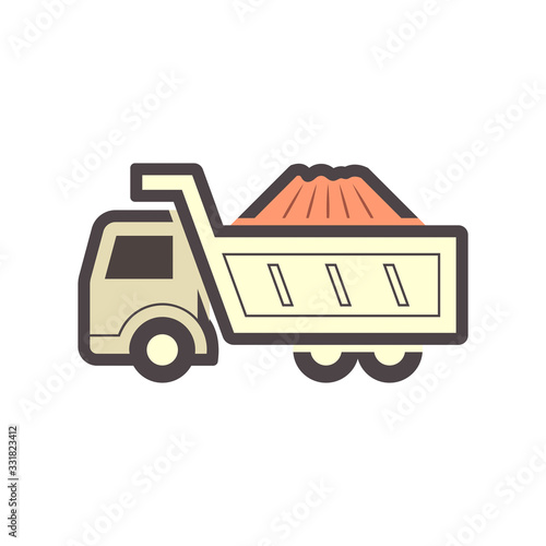Dump truck vector icon. May called tipper truck, dumper trailer or tip lorry. Heavy machine equipment or vehicle for construction to load, unload, carrier, transport and delivery sand, rock and gravel