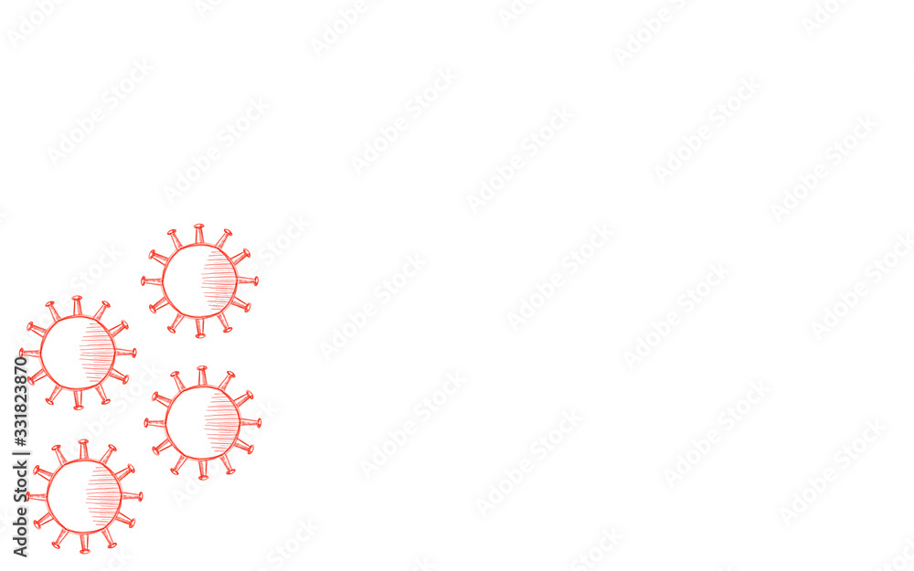 computer drawing of a red coronavirus stylized as a pencil on a white background. four pieces in the corner of the frame with space for text computer drawing of a red coronavirus stylized as a pencil on a white background. four pieces in the corner of the frame with space for text