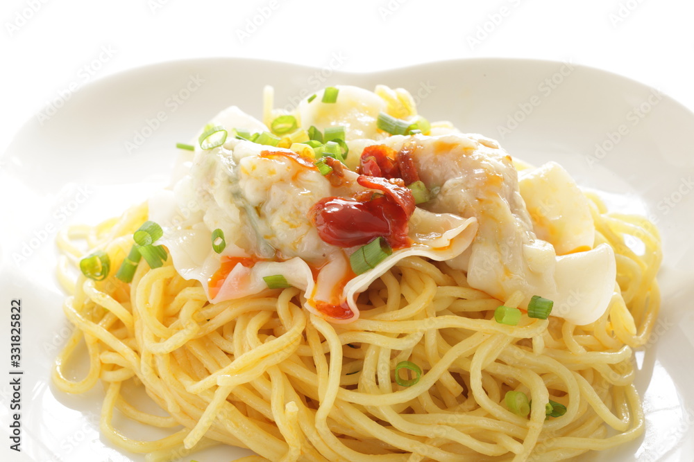 Chinese food, jiozi dumpling and noodles with chili sauce Chinese food, jiozi dumpling and noodles with chili sauce