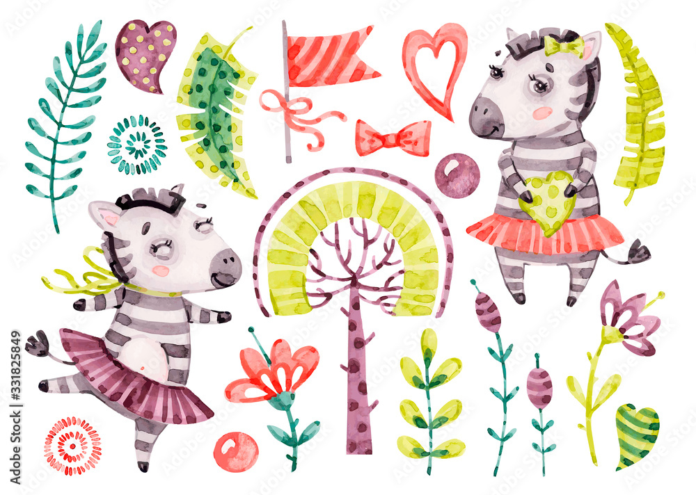 Baby cute zebra girl. Vector Watercolor nursery cartoon jungle animals horse, tropical trees, leaves. Adorable Nurseries safari set isolated on white background. Hand painted watercolour baby clip art