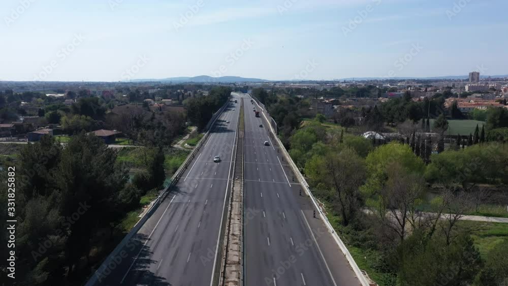 Empty highway during lockdown France Montpellier aerial shot no traffic quarantine Empty highway during lockdown France Montpellier aerial shot no traffic quarantine