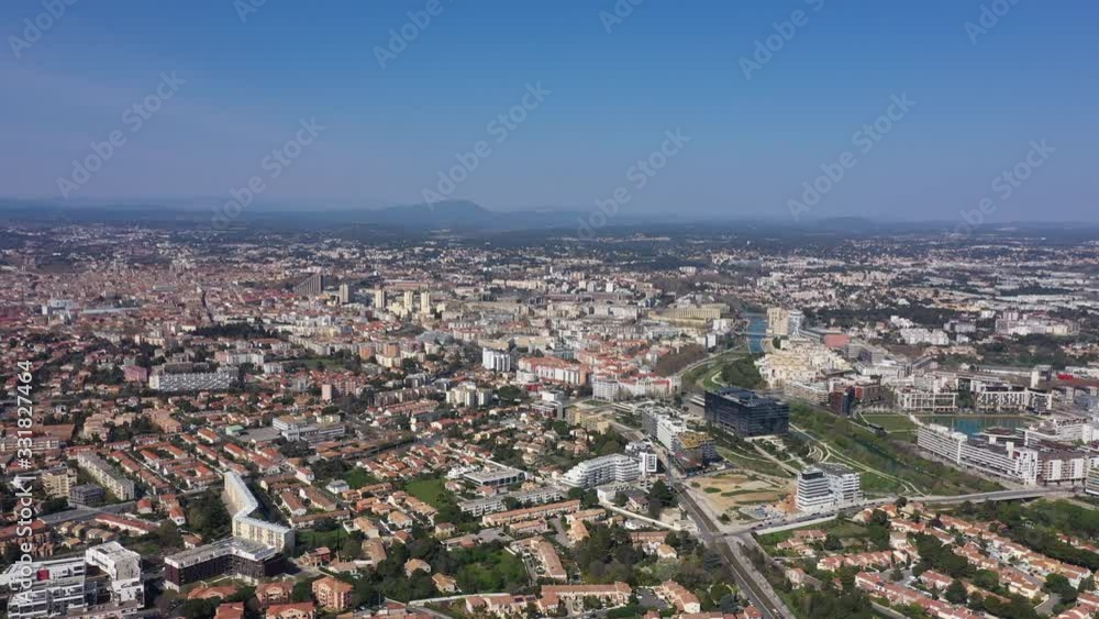 Montpellier large aerial view from Aiguerelles neighborhood town hall residential houses area sunny day Montpellier large aerial view from Aiguerelles neighborhood town hall residential houses area sunny day