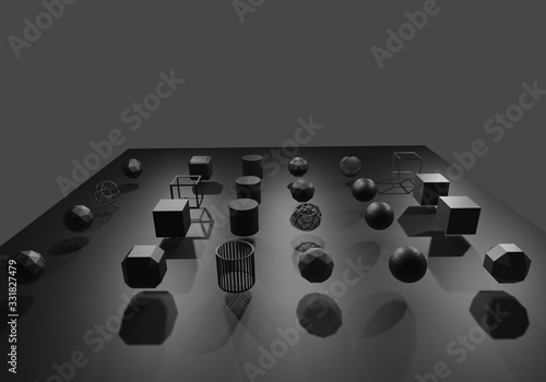 3d bright many black geometry Floating in the air on black floor with light and shadow 3D rendering