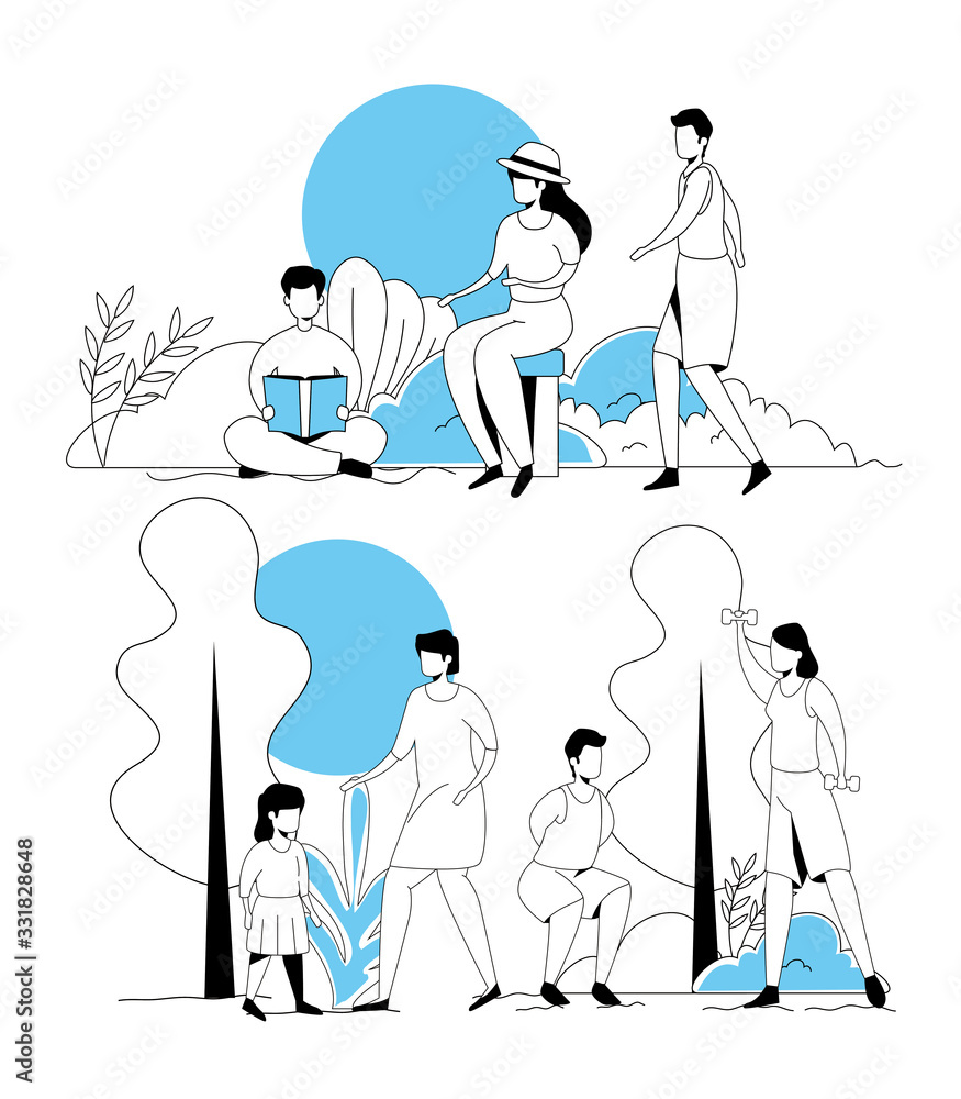 set scenes of young people doing activities vector illustration design