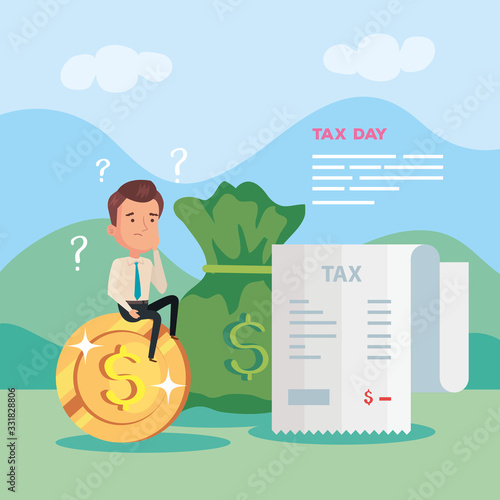 tax day poster with businessman in landscape with icons vector illustration design