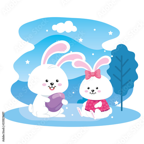 cute rabbits animals in landscape nature vector illustration design