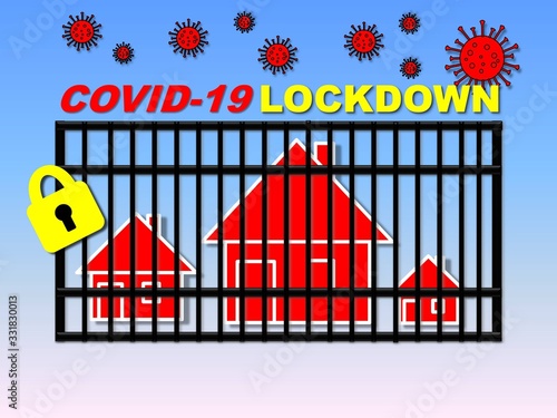 COVID-19 lockdown illustration concept. COVID-19, house and prison bar.