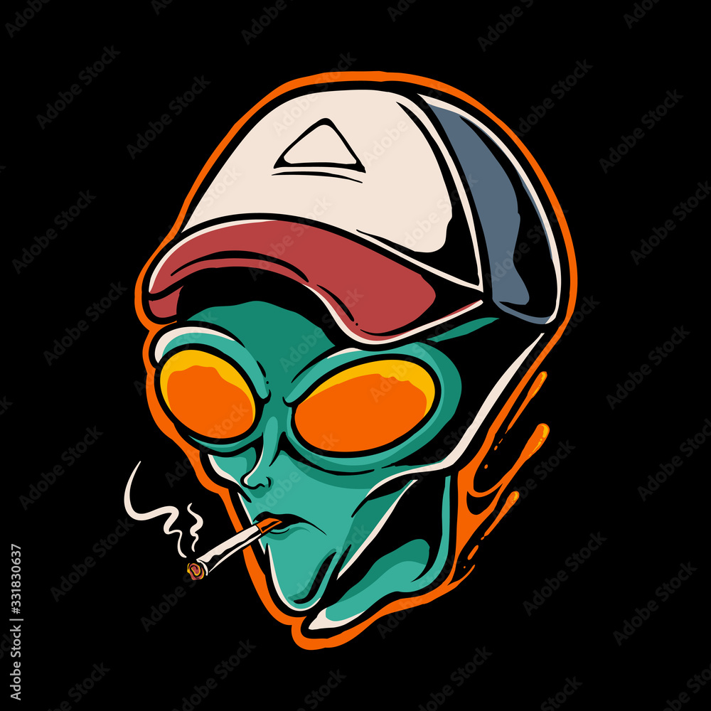 Alien smoking vector illustration. Alien head wearing baseball cap. Trendy design for poster sticker or t shirt Stock Vektorgrafik Adobe Stock