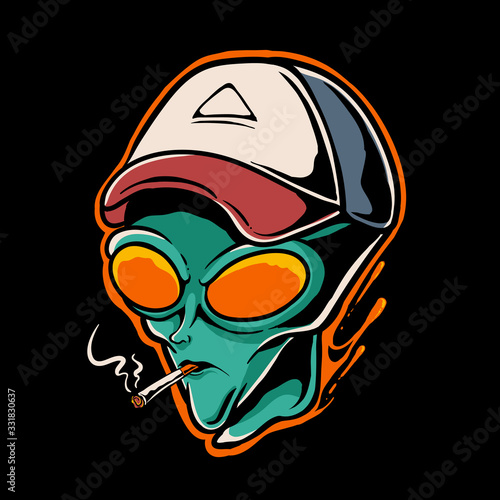Alien smoking vector illustration. Alien head wearing baseball cap. Trendy design for poster, sticker, or t-shirt