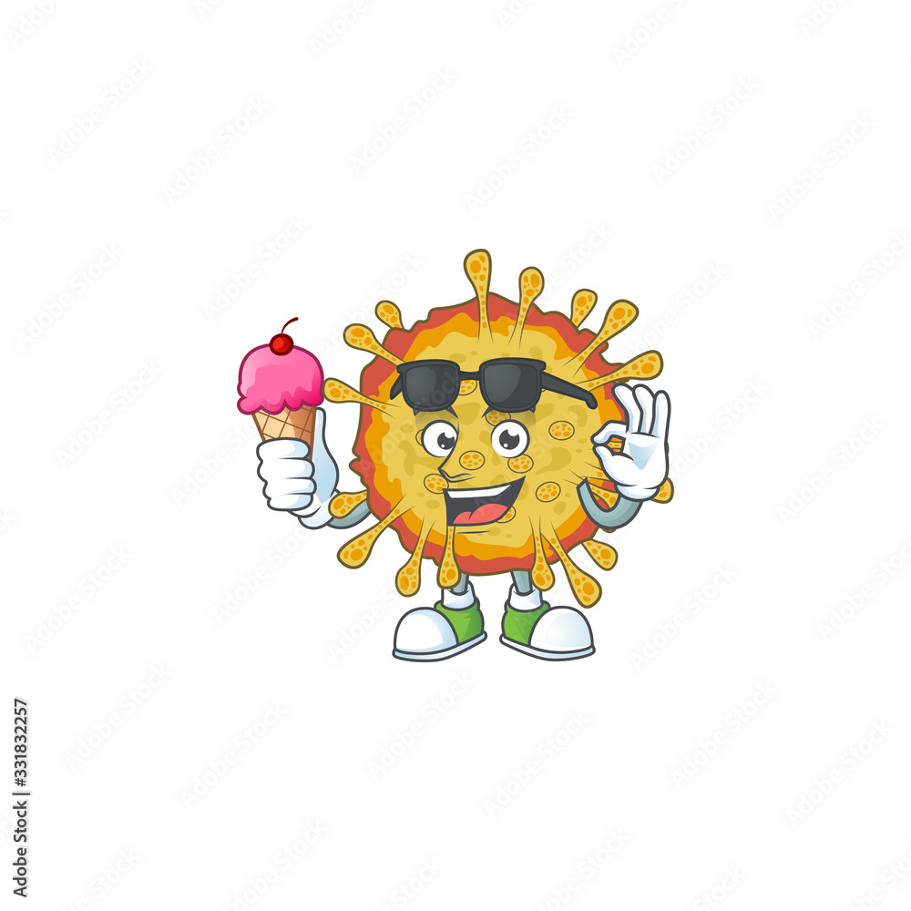 cartoon character of outbreaks coronavirus enjoying an ice cream
