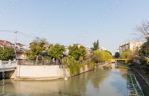 Panorama view of Zouma Pond creek along Wan'an Road at historical, old town Jiangwanzhen, Hongkou district, Shanghai, China. photo