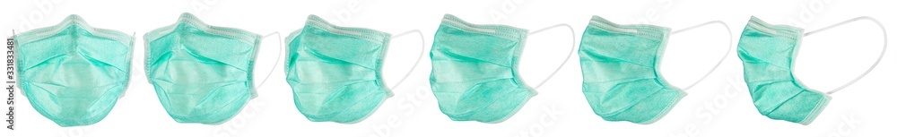 Set collection row of green blue medical respirator breathing face dust mask isolated white background. Coronavirus Covid-19 prevention protection pandemic outbreak concept.