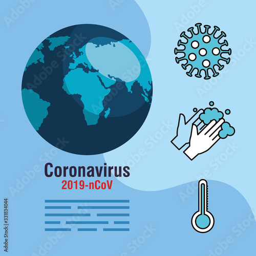 covid 19 infographic with world planet and icons vector illustration design