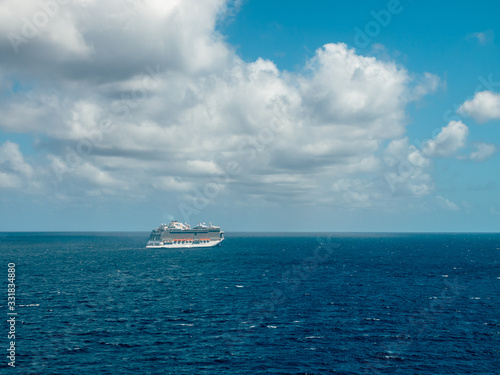 Bimini, Bahamas - March 19, 2020: cruise ships on quarantine at the ocean at sunny weather