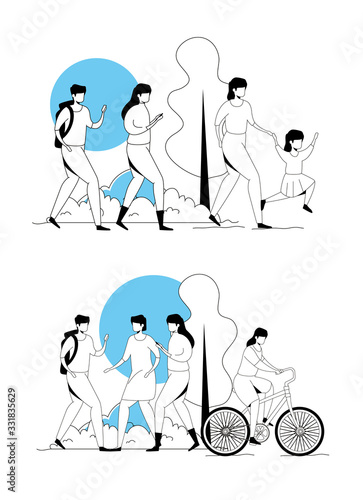 set scenes of people doing activities vector illustration design