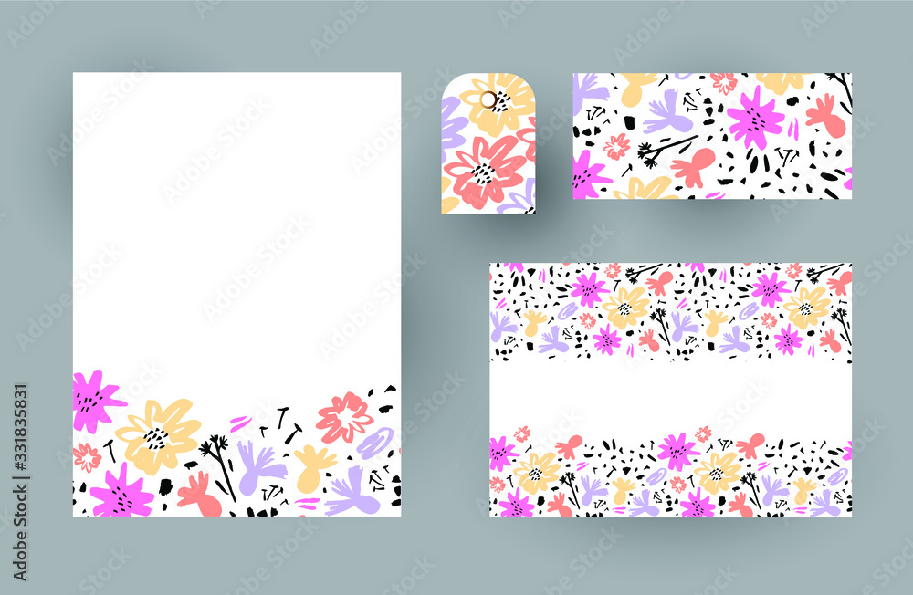Set of brochure, card, background, cover. Abstract flowers graphic. Save the date, invitation, festive, sale coupon, poster, thanks, birthday card design.