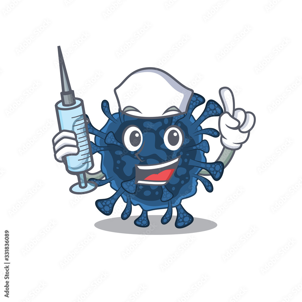 Friendly nurse of decacovirus mascot design holding syringe Friendly nurse of decacovirus mascot design holding syringe