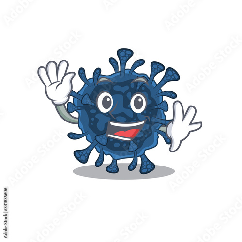 Smiley decacovirus cartoon mascot design with waving hand