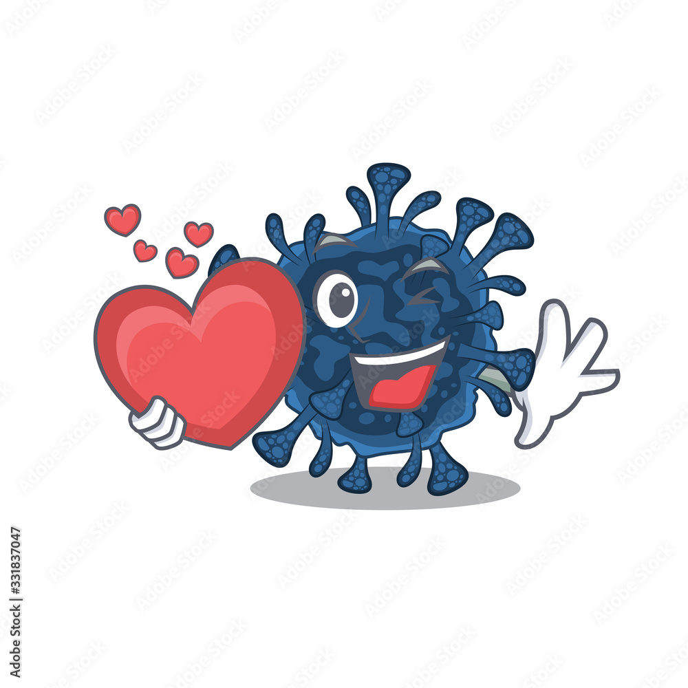 A romantic cartoon design of decacovirus holding heart