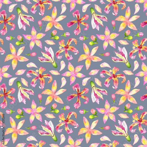 Seamless watercolor pattern of spring flowers . Gray background.