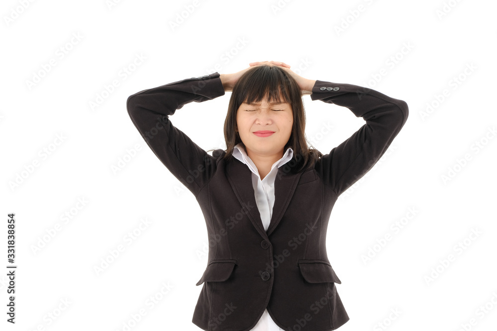 Young Asian business woman in black suit with long hair feel very serious ,tired and holding head on white background,studio isolated. Young Asian business woman in black suit with long hair feel very serious ,tired and holding head on white background,studio isolated.