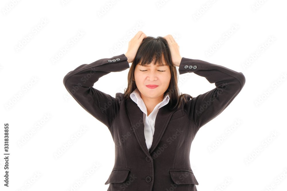 Young Asian business woman in black suit with long hair feel very serious ,tired and holding head on white background,studio isolated. Young Asian business woman in black suit with long hair feel very serious ,tired and holding head on white background,studio isolated.