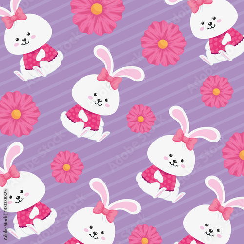 background of rabbits female with flowers decoration vector illustration design