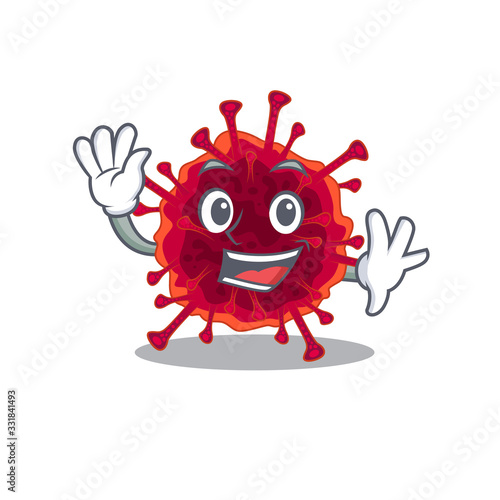 Smiley pedacovirus cartoon mascot design with waving hand