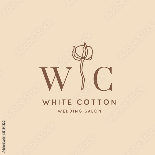 Wedding logos in minimal trendy style. Liner floral labels and badges - Vector Icon with Cotton Flower