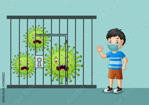 Vector illustration covid-19 coronavirus controlled or caught and happy boy.