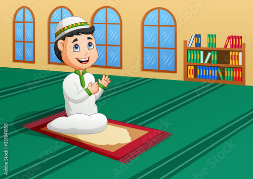 Muslim Kid Praying in Mosque. Vector illustration