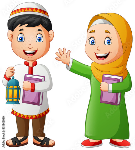 Two muslim kids carrying Ramadan Lanterns and al-quran. Vector illustration