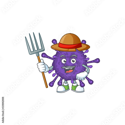 Coronavirinae in Farmer mascot design with hat and pitchfork