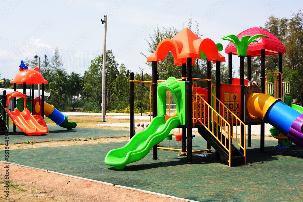 New play equipment, beautiful colors at the village playground New play equipment, beautiful colors at the village playground