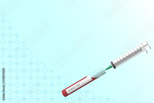 Blood test with label on tube with syringe 3D vector illustration