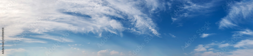 Panorama sky with beautiful cloud on a sunny day. Panoramic high resolution image.