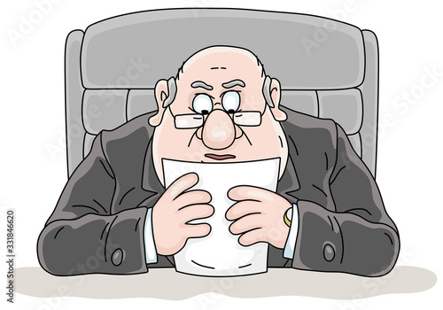 Government official sitting at his desk, reading documents and making an official statement at a meeting, vector cartoon illustration on a white background