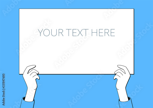 Hands holds a blank poster with place for your text. Vector illustration