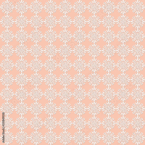 Creative composition in the form of a white pattern on a beige background. Seamless pattern. Background in pastel colors, texture for wallpaper or fabric.